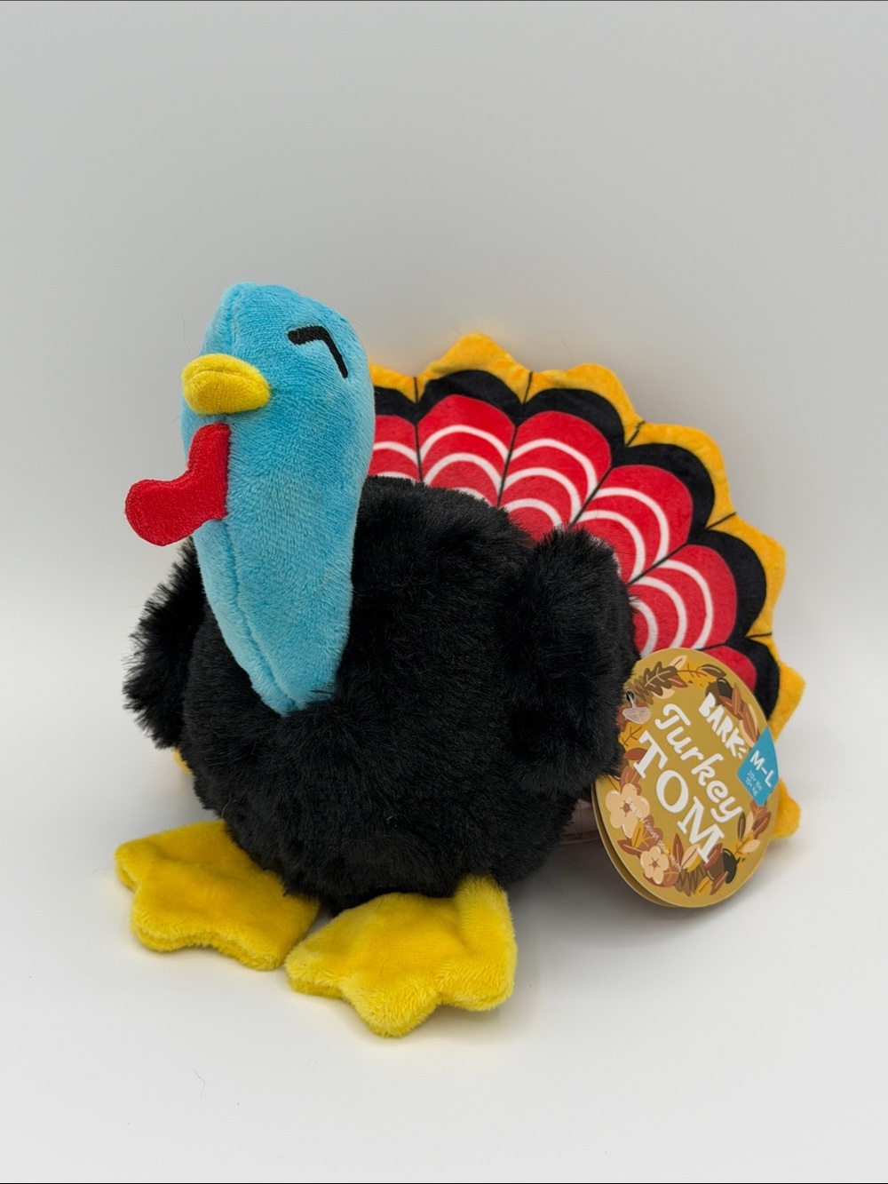 Bark Plush Turkey Tom Dog Toy - Black, Blue, Red & Yellow